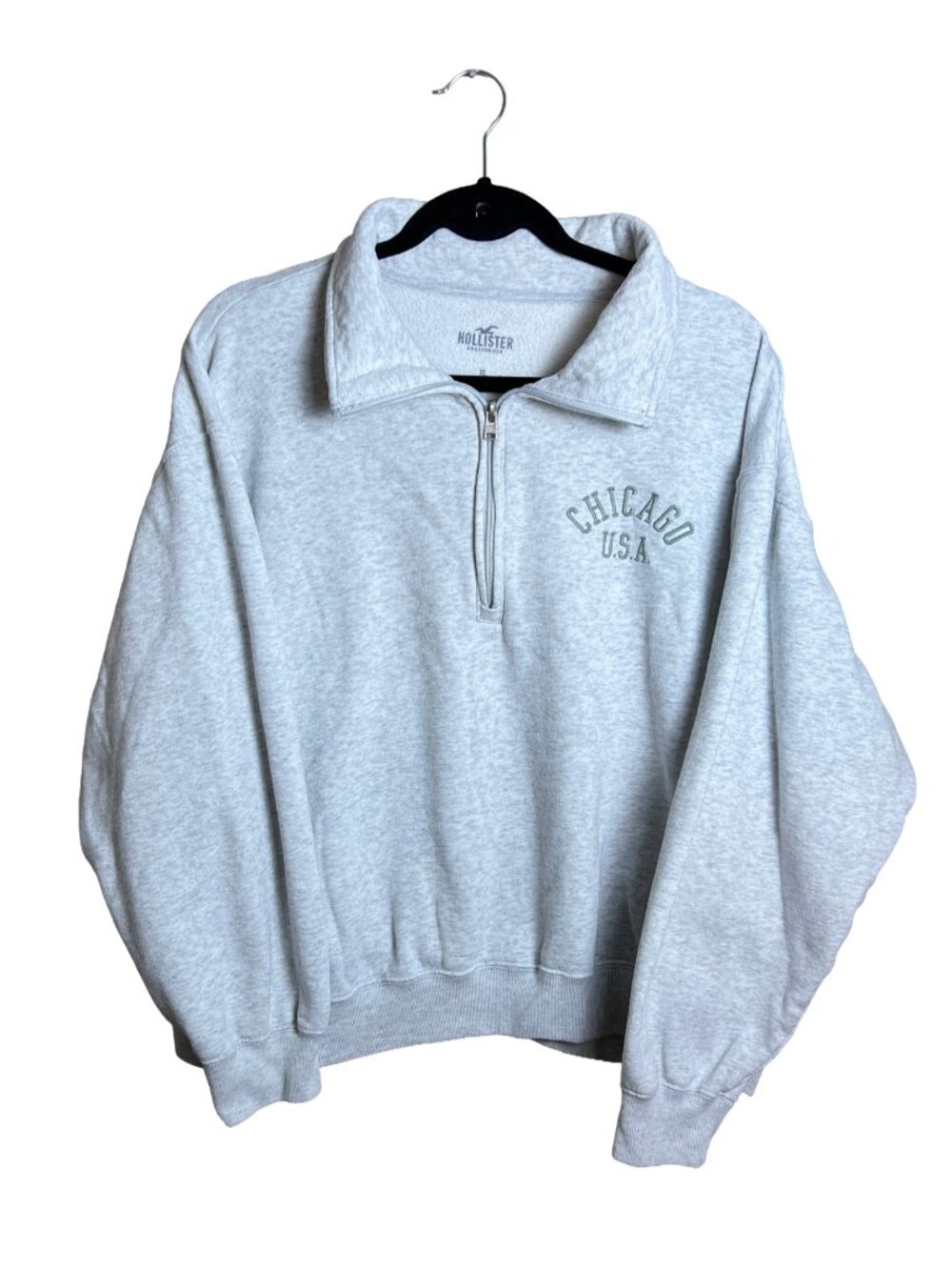 Hollister Chicago USA Quarter Zip Sweatshirt Gray Oversized XL